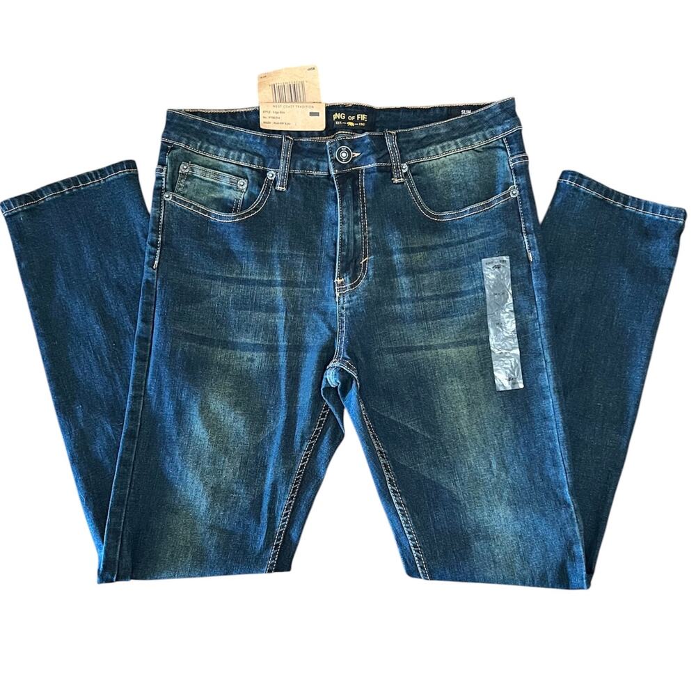 Ring of Fire Men’s Rust Dark Blue Wash Slim Edge Jeans 34x30